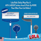 LOLA Rola PET Hair Remover Sticky Mop, Giant Floor Lint Roller, 9.5" x 3.5", Extender Handle, Largest Head, Traps Hair, Dust, Dirt, Extra Sticky Sheets