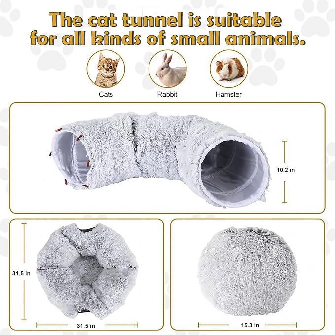 CLKHOWL Cat Tunnel Bed for Indoor Cats - Cute Cat Donut Tunnel with Washable Circle Cushion, Round Pet Play Toy for Kitten/Puppy/Rabbit, Grey