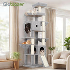 Globlazer F83C Heavy Duty Tall Cat Tree, 83in Multi-Level Tower, Light Grey | Easy Assembly, Maine Coon, Large Cats, Tall Tower, 2 Condos, 3 Hanging Baskets, 2 Perches, 7 Sisal Posts, Anti-Topple Strap