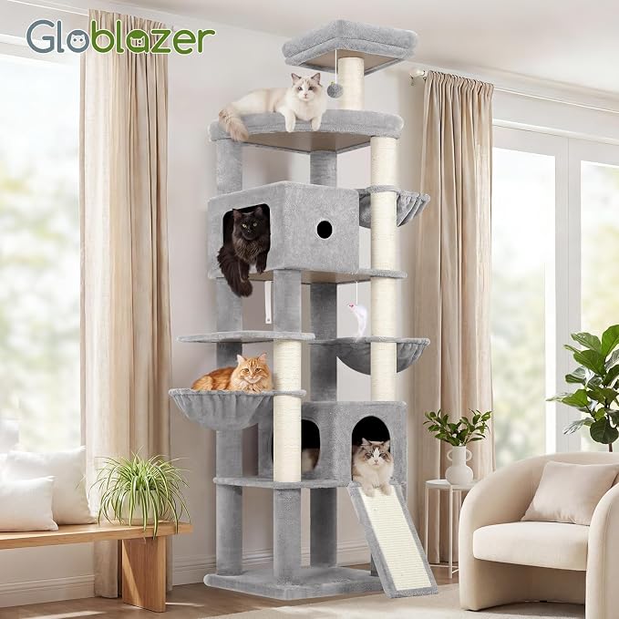 Globlazer F83C Heavy Duty Tall Cat Tree, 83in Multi-Level Tower, Light Grey | Easy Assembly, Maine Coon, Large Cats, Tall Tower, 2 Condos, 3 Hanging Baskets, 2 Perches, 7 Sisal Posts, Anti-Topple Strap