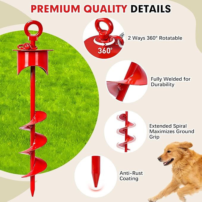 Snagle Paw Dog Tie Out Cable and Stake with Lock-Cap,Heavy Duty 30FT Dog Yard Leash & Stake with Shock Absorbing Bungee Tether,Rust Proof Ground Anchor for Yard, Beach, Camping & Outdoor,up to 360 Lbs