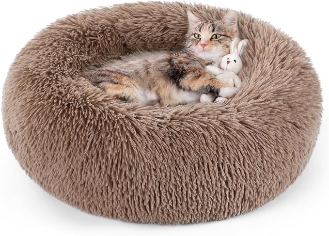 rabbitgoo Calming Cat Beds for Indoor Cats, 20 inches, Light Brown | Soft Warm Donut, Fluffy Faux Fur, Supportive Raised Rim, Anti-slip, Machine Washable, Up to 15lbs Kittens & Small Cats