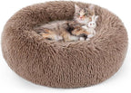 rabbitgoo Calming Cat Beds for Indoor Cats, 20 inches, Light Brown | Soft Warm Donut, Fluffy Faux Fur, Supportive Raised Rim, Anti-slip, Machine Washable, Up to 15lbs Kittens & Small Cats