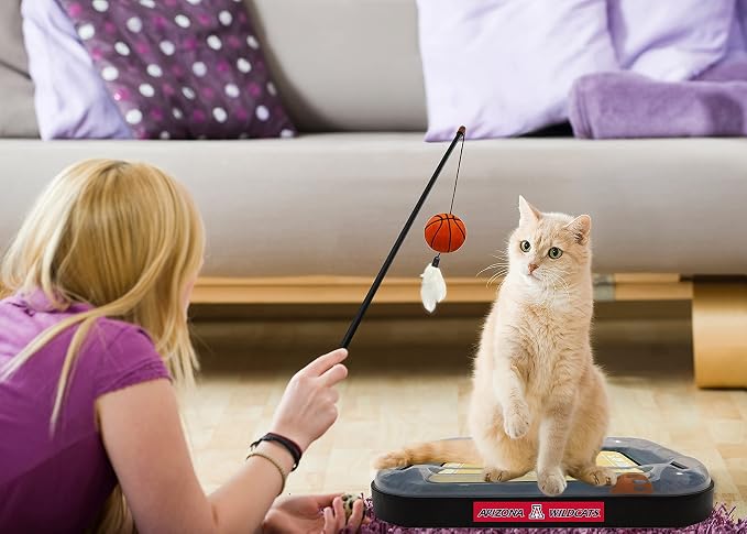 Cat Scratch Toy NCAA Arizona Wildcats Reversible Basketball Court Felt/Cardboard Cat Scratcher. Interactive Cat Ball Bell in Tracks. 6-in-1 CAT Toy: Cat Wand Poll with Catnip-Filled Plush Basketball