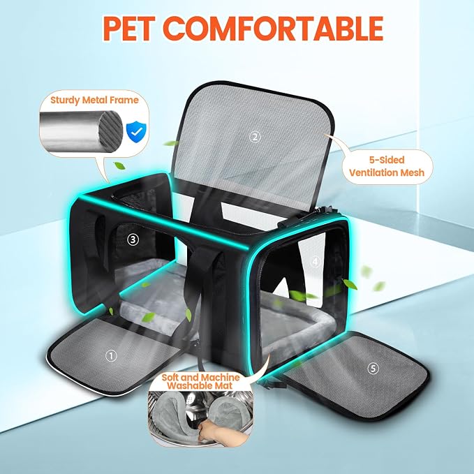 Petskd Small Pet Carrier 17"x11"x9.5" with Wheels Airline Approved, Black | for Alaska Airlines, Lockable Safety Zippers and Anti-Scratch Mesh, Pets Under 10 lbs