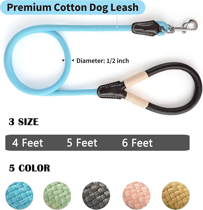 Mile High Life Dog Leash with Genuine Leather Handle, 4/5/6 FT | Comfortable Leather Grip Rope Leash, Heavy Duty 360° Swivel Metal Clasp, for Small Medium & Large Dogs (Blue Black, 48 Inch)