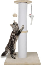 34-Inch Tall Cat Scratching Post for Large Cats, Stable Base, Beige | Heavy-Duty Cat Scratcher, Extra-Tall Thick Post, Soft Natural Cotton Rope, Hanging Interactive Cat Toys, Indoor Cat Furniture