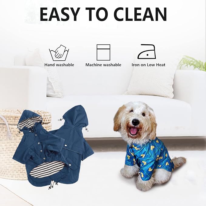 Morezi Dog Zip Up Raincoat with Reflective Buttons, Rain/Water Resistant, Adjustable Drawstring, Removable Hood, Raincoats with Legs 8lbs to 80lbs Available - Dark Blue - XXL