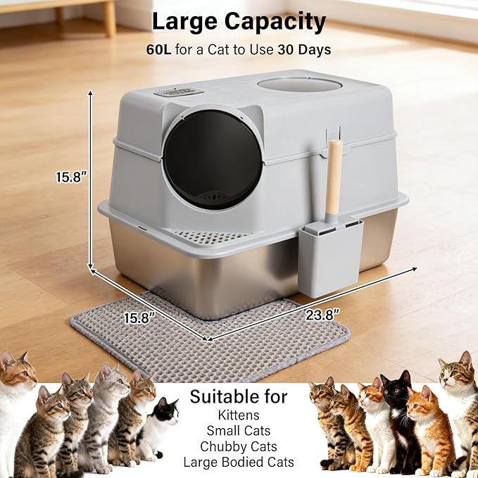 Stainless Steel Litter Box with Lid,XL Large Enclosed Cat Litter Box | Front & Top Entry Metal Litterbox, Odor Control,Anti-Leakage, Non-Sticky, Includes Mat&Scoop,23.8 x 15.8 x 15.8 inches
