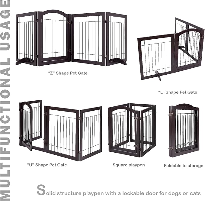 SPIRICH 96-inch Extra Wide 30-inches Tall Dog Gate with Door Walk Through, Freestanding Wire Pet Gate for The House, Doorway, Stairs, Pet Puppy Safety Fence, Support Feet Included(Espresso)