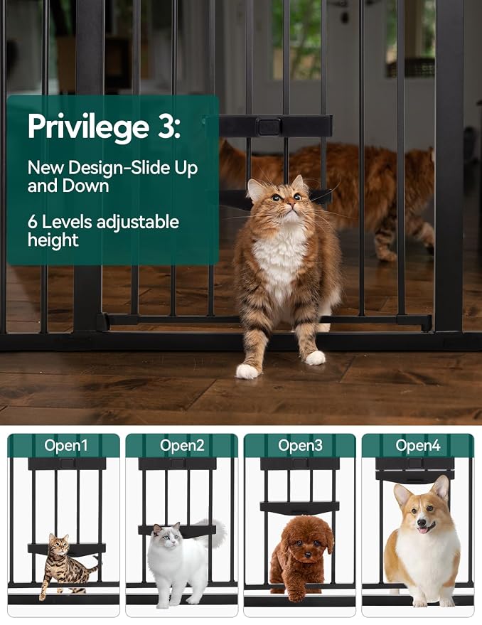 Babelio 36" Tall Baby Gate with Cat Door, CatPrivilege II, 29-48" | Extra Wide Auto-Close Pet Door for Stairs, Doorways & House, 6-Level Adjustable, Wall Cups Included, Black