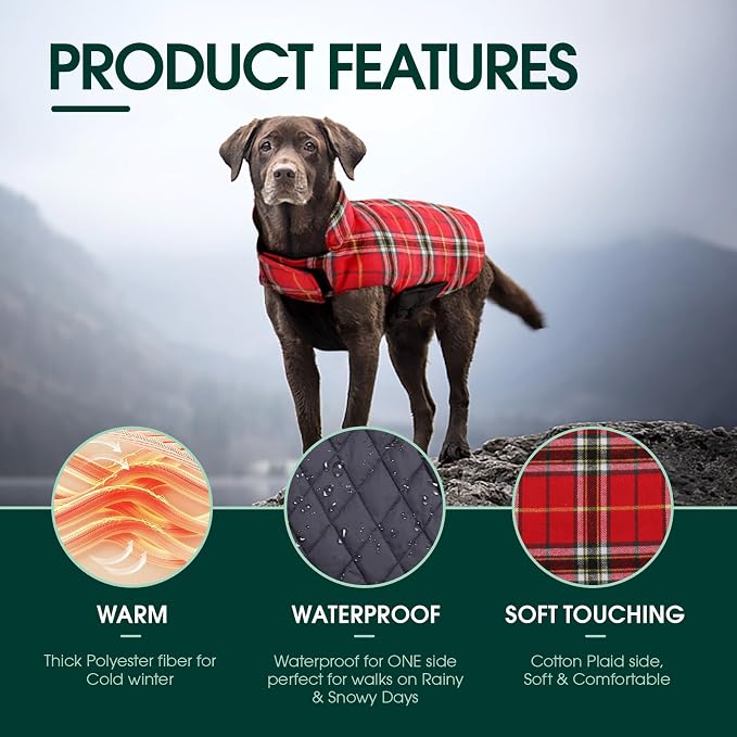 Kuoser Waterproof Dog Coat, Reversible Dog Jacket for Medium Dogs | Adjustable Durable Doggie Winter Coat Warm Puppy Cold Weather Apparel from Small to Large Breed, Bright Red M