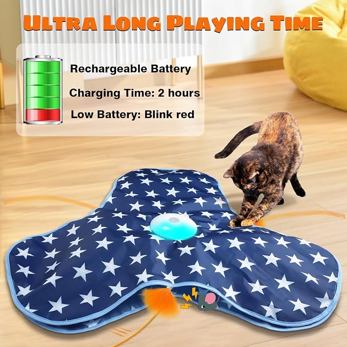 Oxawo Cat Toys Interactive Hide and Seek Cat Game | Mouse Chirping, Motion Activated Cat Toys with Moving Concealed Feathers Wand USB Rechargeable