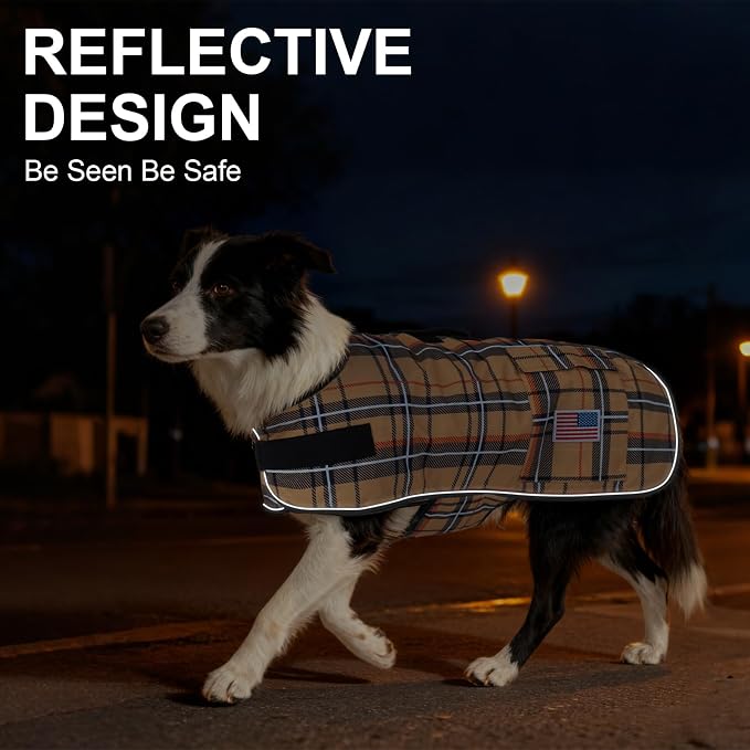 BEAUTYZOO Dog Winter Coat for X-Large Dogs Waterproof, Warm Reflective Great Dane Oxford Canvas Jacket, Fleece Dog Cold Weather Coats Windproof for Female Male Dogs, Khaki Plaid XL