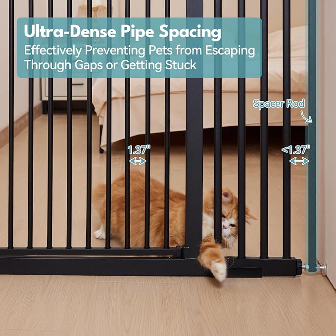 No Pawblems 55.1" Extra Tall Pet Gate, 29.9"-44.4" Wide Cat/Dog Gate, Black | No Drilling Pressure Mounted, 1.37" Narrow Bar Spacing, Auto Close Tall Cat Gate for Doorway Hallway, One-Hand Operation