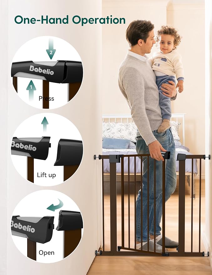 Babelio Pressure Mounted Baby Gate for Stairs, 29-48" Wide Dog Gate Indoor | Triple-lock system; Pressure/wall mount Auto-close; 200N impact tested; Easy Install for Doorways, Kitchen, Hallway, Brown