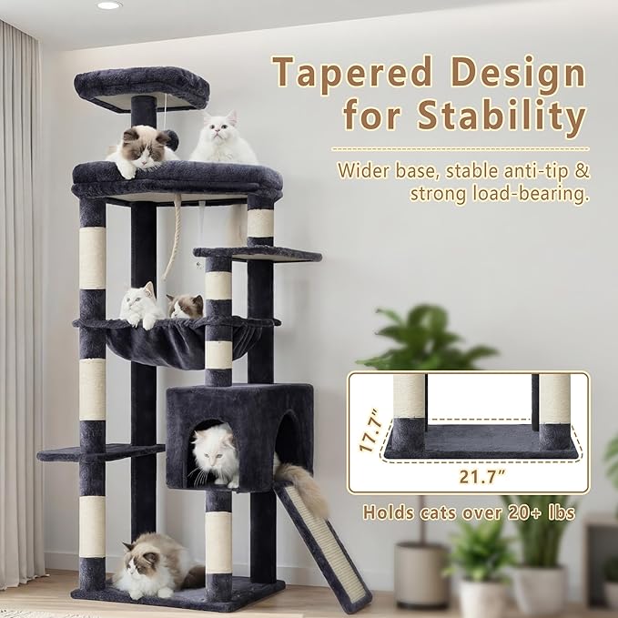 Heybly 64.2" Heavy-Duty Cat Tree for Large Cats with Wide Base HCT027G | Indoor Cat Tower with Scratching Posts & Board, Cat Furniture with Big Platforms, Extra-Large Hammock, Smoky Gray