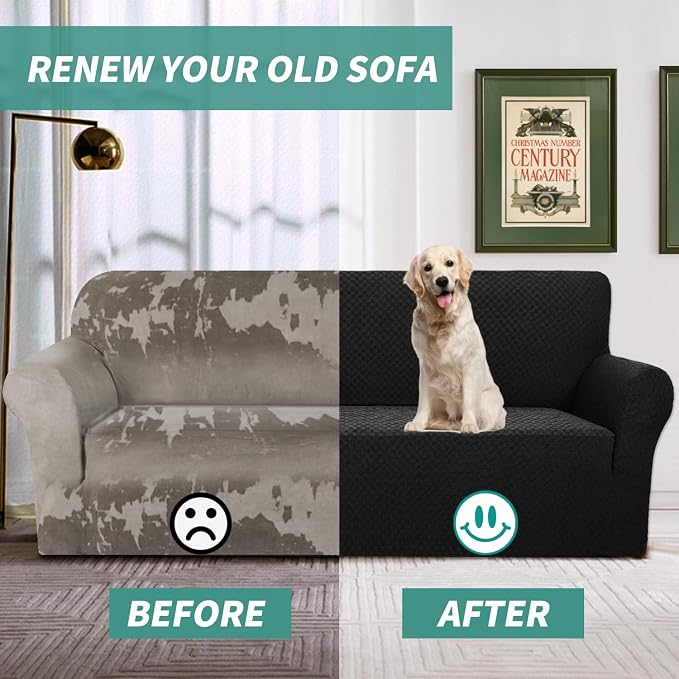 YEMYHOM Couch Cover Latest Jacquard Design High Stretch Sofa Covers for 2 Cushion Couch, Pet Dog Cat Proof Loveseat Slipcover Non Slip Magic Elastic Furniture Protector (Medium, Black)
