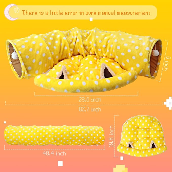 BWOGUE Bunny Tunnel Bed, 2-in-1 Collapsible Rabbit Tunnel Hideout with Mat | Removable Mat for Washing, 46.8 in Length, Ball Toy for Play, Soft Suede Fabric, Cats Rabbits Guinea Pigs