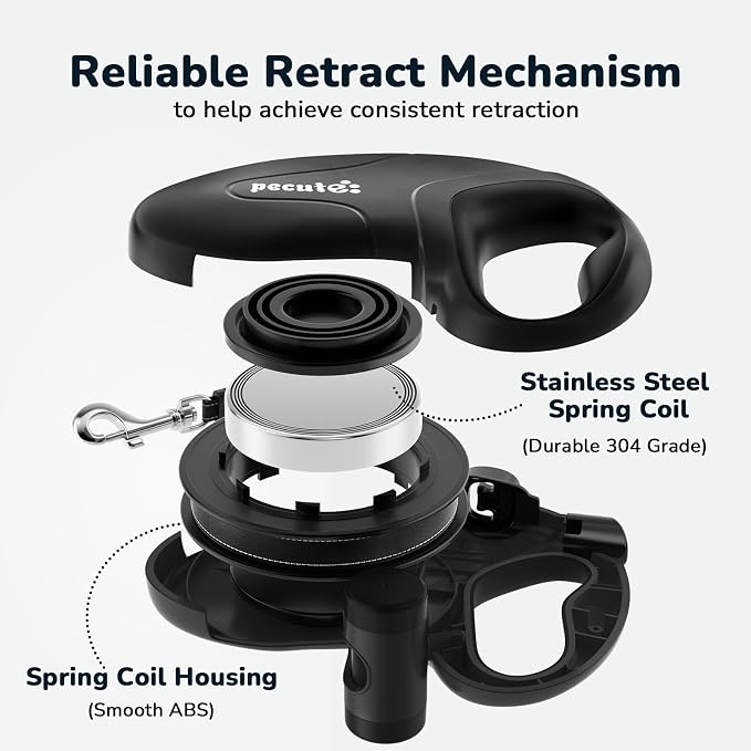 Pecute 32ft Retractable Dog Leash with Reflective Strips, 360° Tangle-Free, One-Button Control & Sturdiness Nylon Material, Long Leash Retractable with Poop Bag Holder for Medium Large Dog