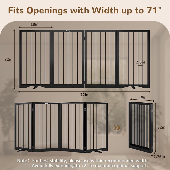 32" Extra Tall Free Standing Dog Gate Indoor, Foldable Pet Gate | for Doorways Stairs, 4-Panel Dog Fence with Support Feet for Stability, Folding Puppy Gate Easy to Carry No Drilling 72"x32"