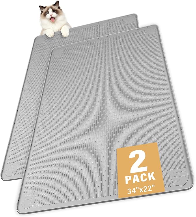 Cat Litter Mat for Litter Box 2 Pack 34" x 22" Silicone Mat, Light Grey | Extra Large Cat Litter Mat Litter Trapping Mat, Non-slip, Waterproof litter box mat with Raised Edge, Pet Mat for Cat, Dog