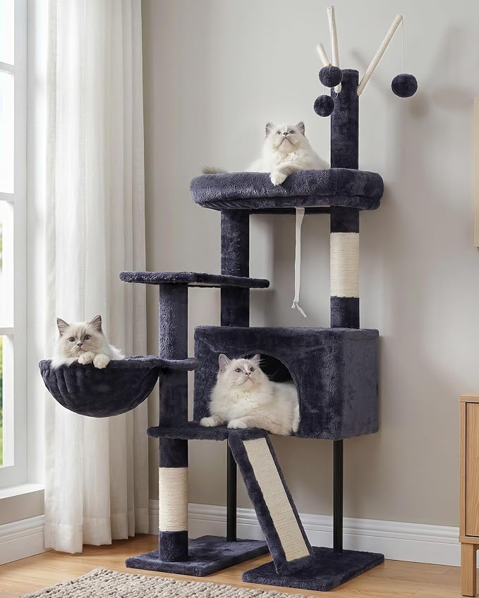 Gitelsnour Cat Tree Tower for Indoor Cats, Top Platform with Toy, GCT006SG | 49.2 inch Cat Condo House, Sturdy Base, Scratching Post & Board, 3 Balls, Hanging Basket, Small Cats and Kittens, Drak Gray