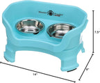 Neater Feeder Deluxe Mess-Proof Elevated Cat Bowls, 2 Height Adjustable (6” & 7.5”) No-Spill Raised Cat Bowl Stand, Whisker Friendly Stainless Steel Dishes for Indoor Cats, Made in USA, Aquamarine