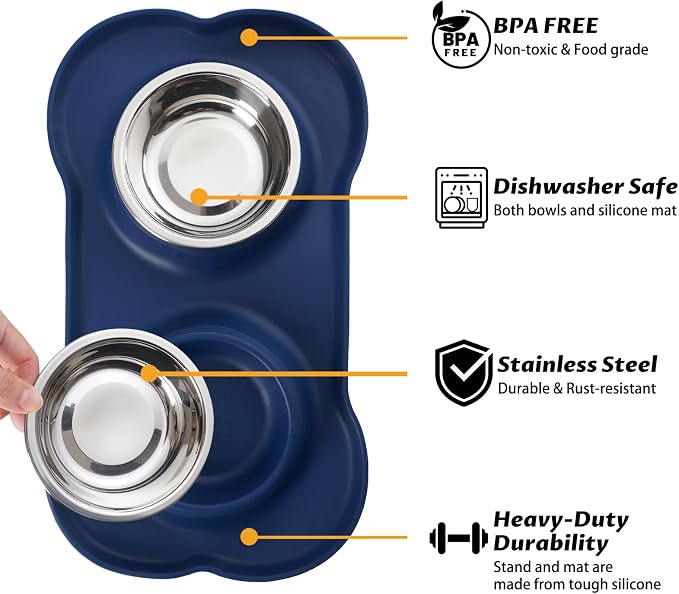 Hubulk Pet Dog Bowls 2 Stainless Steel Dog Bowl with No Spill Non-Skid Silicone Mat + Pet Food Scoop Water and Food Feeder Bowls for Feeding Small Medium Large Dogs Cats Puppies (Medium, Navy Blue)