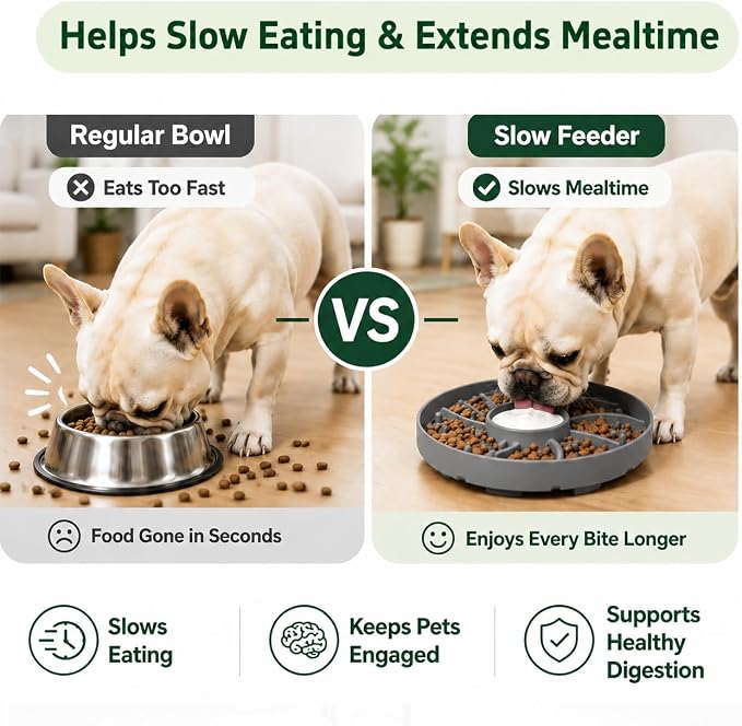 Slow Feeder Dog Bowl Silicone Suction Cup Anti Spill Dogs Cats Grey | strong suction base prevents sliding, extends mealtime, reduces anxiety, textured surface, dishwasher safe