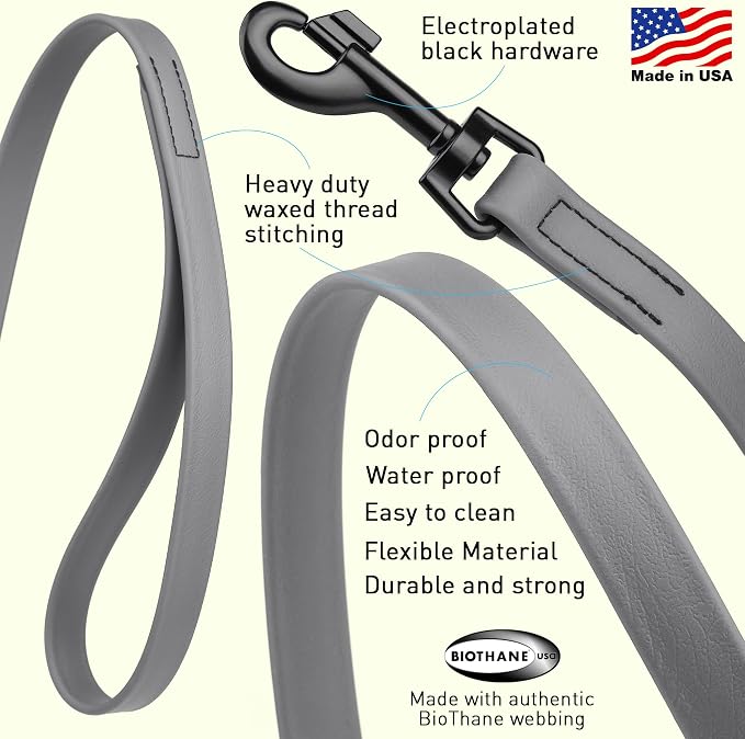 Dogline Biothane Waterproof Dog Leash Strong Coated Nylon Webbing with Black Hardware Odor-Proof Easy to Clean High Performance for Small or Large Dogs Made in USA 4 or 6 ft Lead, Battleship Gray