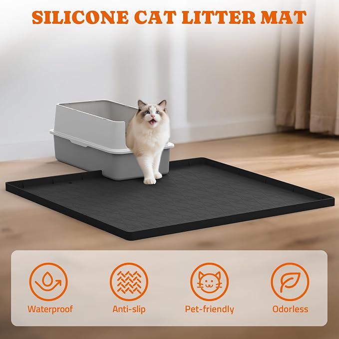 Pawtners Silicone Cat Litter Mat 34 x 22 in, Easy to Clean, Black, 2 Pack | Non-Slip Kitty Litter Mat for Floor, Waterproof & Urine-Proof Cat Litter Mat Litter Trapping Mat, Soft on Kitty Paws