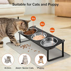 Elevated Cat Bowls with Food Mat, 10°Tilted Non-Slip Raised Cat Food Water Bowls Set, 3 Thick Stainless Steel Pets Dishes with Cute Metal Feeding Stand for Indoor Kitten Puppy, Anti-Vomiting