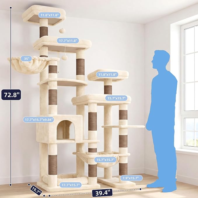 Hey-brother Cat Tree Tower, Wide Base, 5 Platforms for Multi-Cats, MPJ074MJ | 72.8 Inches Tall Furniture, 5 Plush Beds, Large Condo, Big Hammocks, Sisal Scratching Posts, for Indoor Adult Cat Beige Brown
