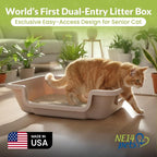 KittyGoHere 2.0 Easy Entry Cat Litter Box with Scoop, Large Misty Gray | Large Open - Top Low Entrance Litter Pan With Higher Sides & Durable Long-handle Jumbo Scoop for Easy Cleaning, Made in USA
