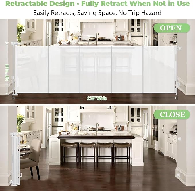 Reinforced 120" Extra Wide Retractable Baby Gate, Prevents Crawling Under | Indoor/Outdoor Retractable Dog Gate, Space-Saving, Easy to Use, Scratch-Resistant Mesh Gate, Safety Lock, Easy Install, White