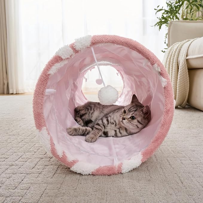 Straight Cat Tunnel for Indoor Cats 47"x12", Pink Flower | Cute Cat Toys, Collapsible Tunnel Tube with Hanging Balls for Puppy Kitten Rabbit
