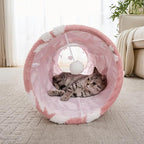 Straight Cat Tunnel for Indoor Cats 47"x12", Pink Flower | Cute Cat Toys, Collapsible Tunnel Tube with Hanging Balls for Puppy Kitten Rabbit