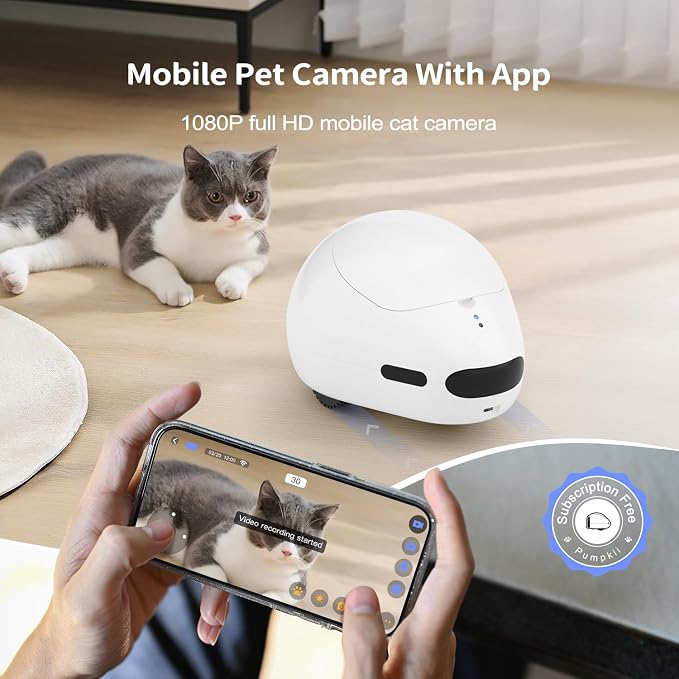 Pet Camera Robot with Treat Dispenser & Laser, Moving Cat Robot Camera for Dogs and Cats with Two-Way Audio, App Remote Control, Auto Recharge, Night Vision