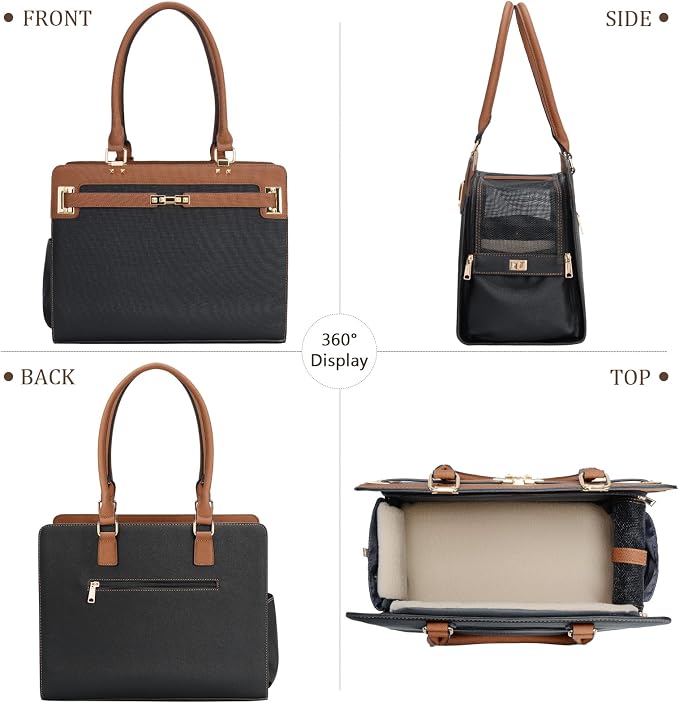 2-in-1 Stylish Dog Purse Carrier Soft-Sided Carriers Travel Tote Bag for Small Dogs Cats, Fashion Foldable Pet Bag for Puppies Small Animals with Pockets (Black+Brown, 15" L x 7.5" W x 12.2" H)