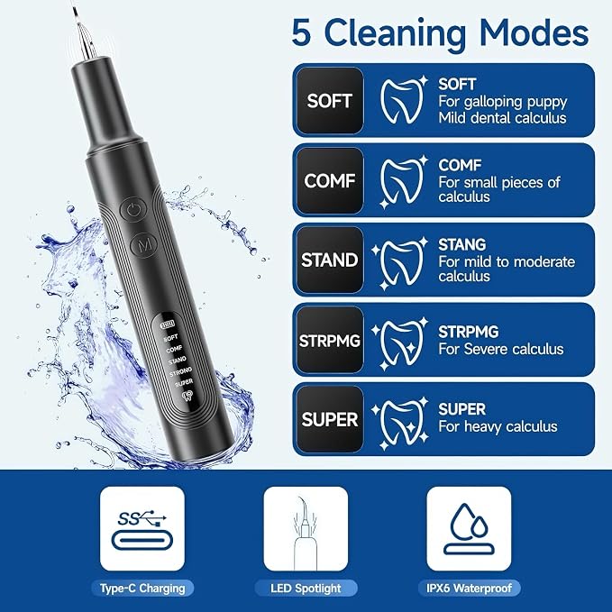 Jellytree Dog Plaque and Tartar Remover,Dogs Teeth Cleaning Kit with Led Light,5 Modes Dog Tooth Plaque Remover, Tooth Cleaner for Dogs and Cats USB Charge,Low Noise Tartar Remover for Teeth