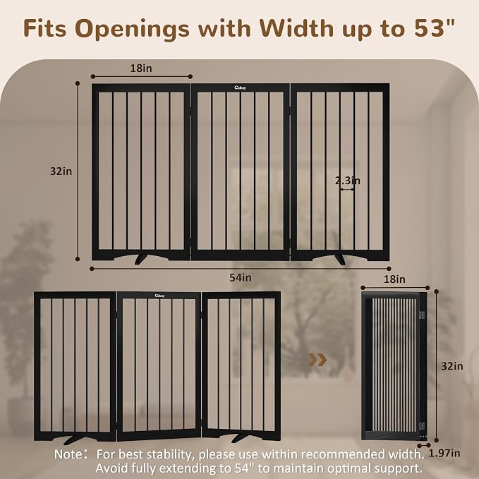32" Extra Tall Free Standing Dog Gate Indoor, Foldable Pet Gate | for Doorways Stairs, 3-Panel Dog Fence with Support Feet for Stability, Folding Puppy Gate Easy to Carry No Drilling 54"x32"