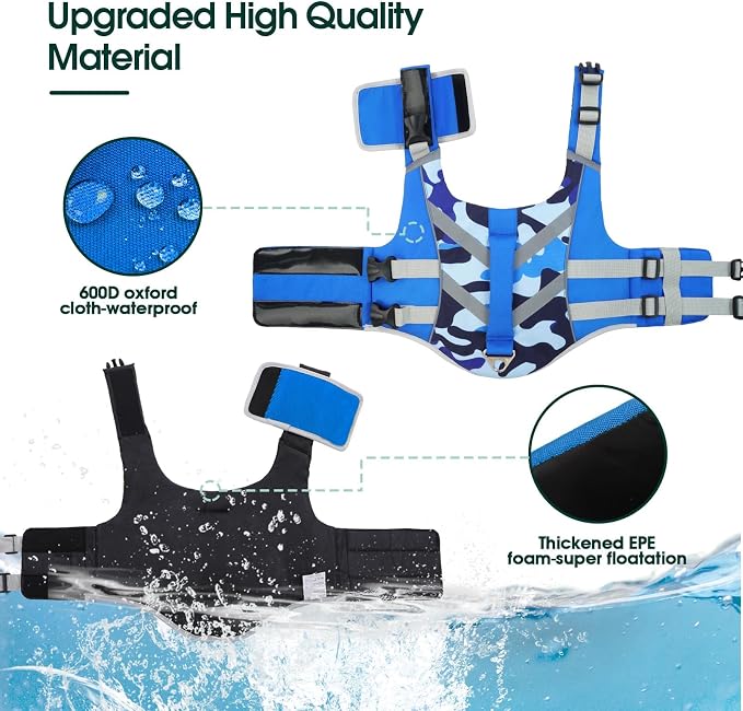 Kuoser Reflective Dog Life Jacket, Dog Life Vest for Swimming Boating | Adjustable Pet Lifejackets, High Flotation Doggie Swimsuit with Rescue Handle for Small Medium Large Dogs
