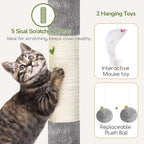 Globlazer 52in Cat Tree Tower for Indoor Cats, 2 Condos, S52, Light Grey | Multi-Level Plush House, 5 Sisal Scratching Posts, 2 Padded Top Perches, Big Metal Basket, Stable Enlarged Base