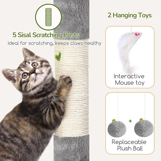 Globlazer 52in Cat Tree Tower for Indoor Cats, 2 Condos, S52, Light Grey | Multi-Level Plush House, 5 Sisal Scratching Posts, 2 Padded Top Perches, Big Metal Basket, Stable Enlarged Base