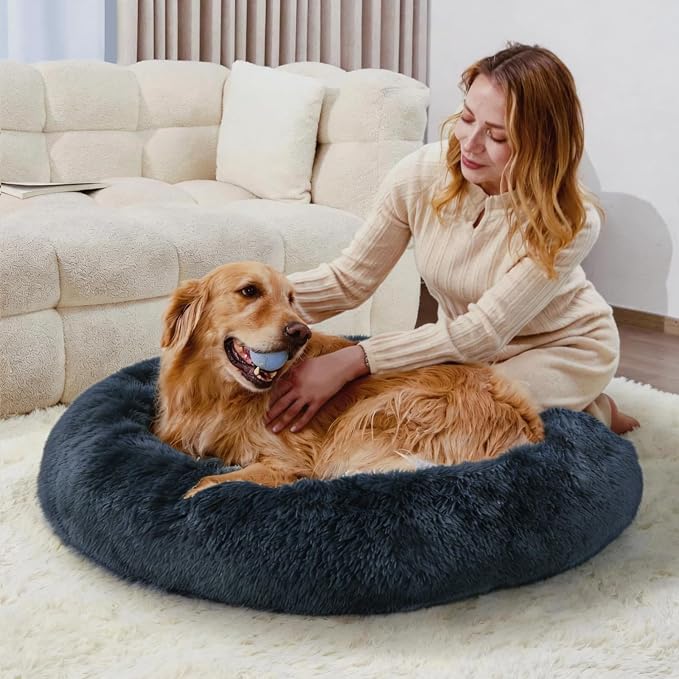 Large Calming Donut Dog Bed for Large Dogs, Ultra Soft Fluffy Anti Anxiety Pet Bed, Plush Round Washable Dog Bed with Raised Rim for Golden Retriever, Husky, Labrador & Indoor(Deep Grey, 36 Inch)
