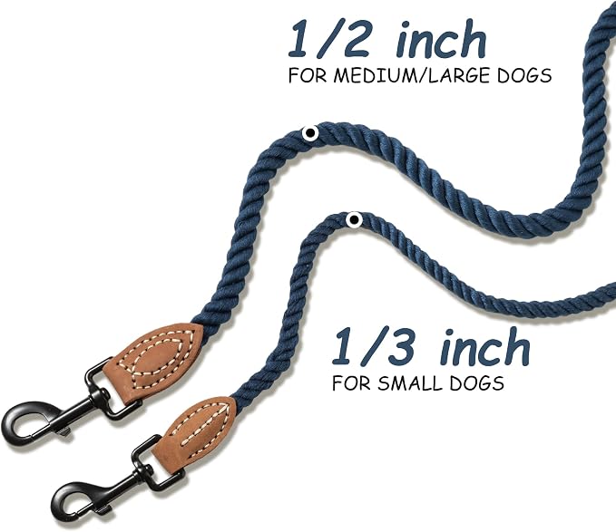 Mile High Life Dog Leash Braided Cotton Rope with Leather-Reinforced Ends | Rust-proof 360° swivel clasp, Heavy-duty for small/medium breeds. Great for weddings, daily walks (5 FT, 1/3", Navy)
