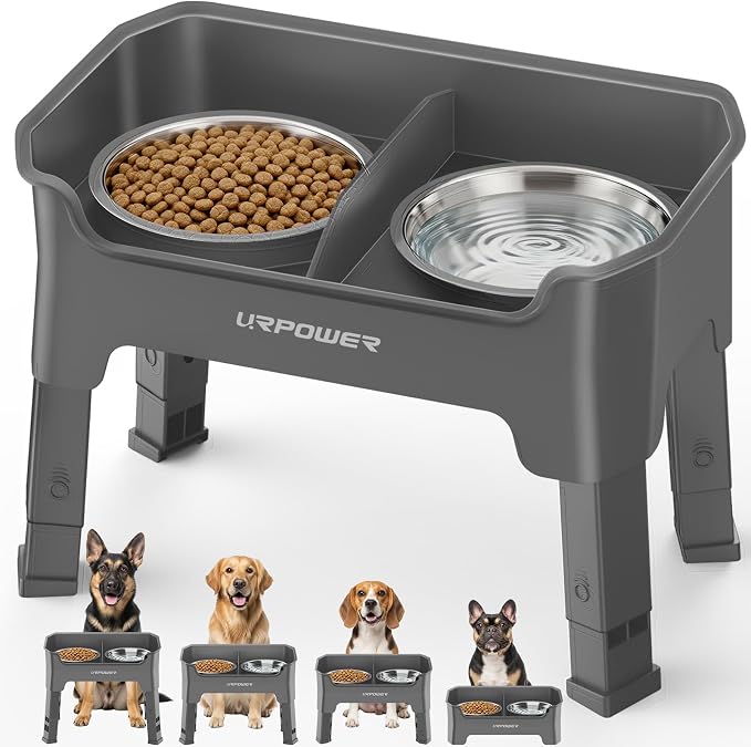URPOWER Mess Proof Elevated Dog Bowls, Splash Guard Raised Bowl Stand | 4 Height Adjustable Raised Stand with 2 Stainless Steel Food Bowls & Licking Plate for Small, Medium & Large Dogs