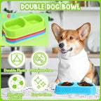 Hsei 12 Pcs Plastic Double Cat Dog Food Water Bowl,11.25 x 5.9 x 3.03 Inch | 12 Pack Bulk Set, PP Plastic, Raised Design, Dishwasher Safe, for Kennel Cattery Small Medium Pet Supplies, 3 Assorted Colors