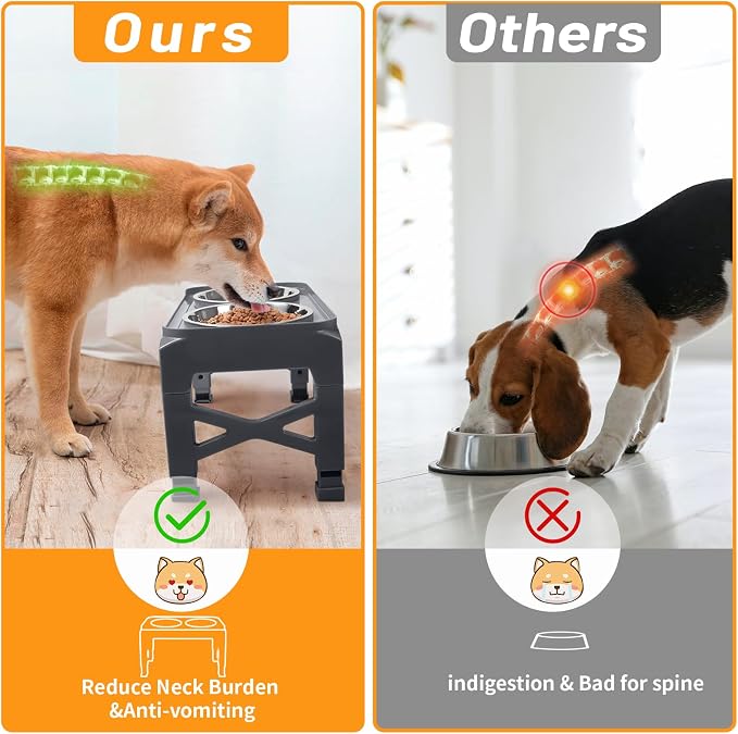 Hubulk Elevated Dog Bowls with 2 Stainless Steel Food & Water Raised Bowls with No Spill Edge Non-Slip Stand Adjusts to 5 Heights(3.2", 8.77", 9.9",11.1", 12.3")for Small Medium Large Dog and Pet Grey